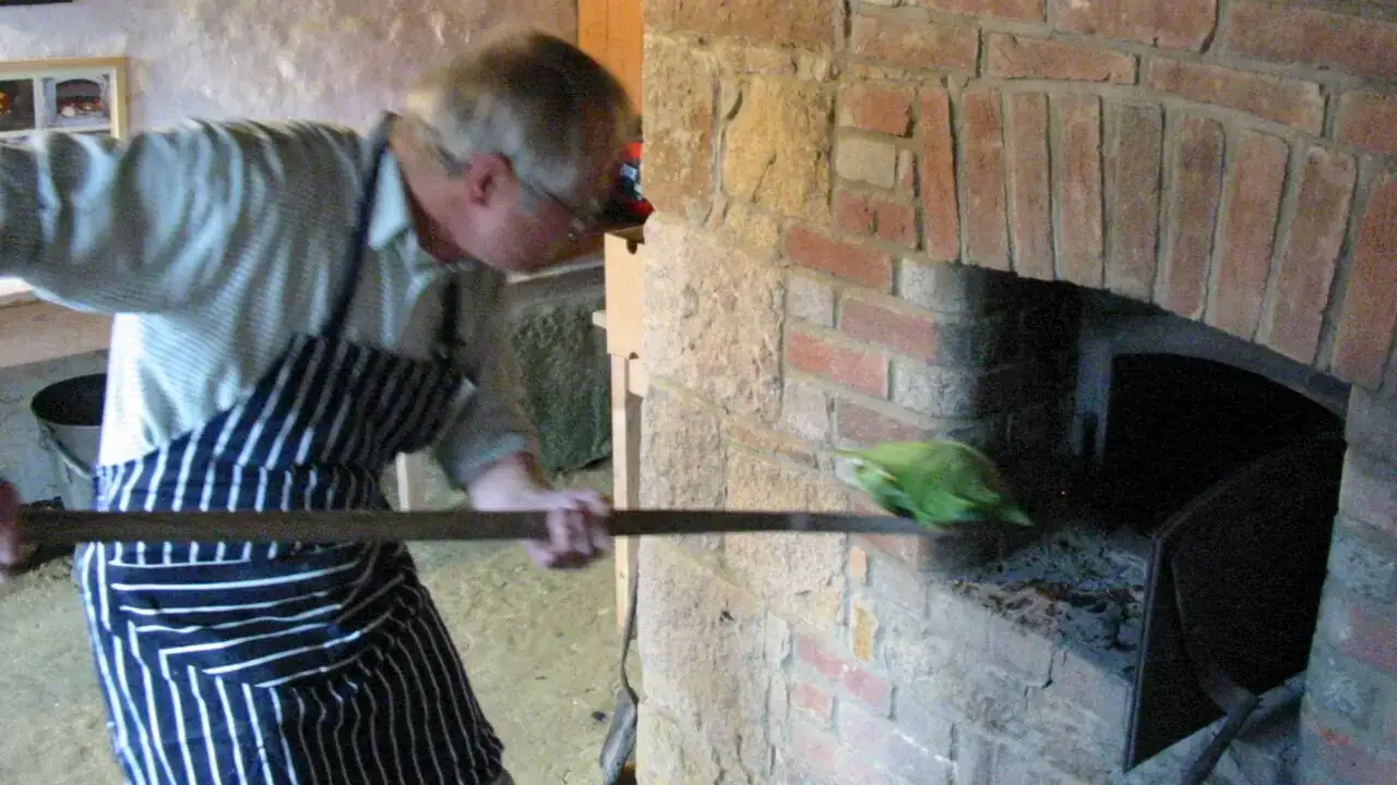Baker loading a wood-fired oven
